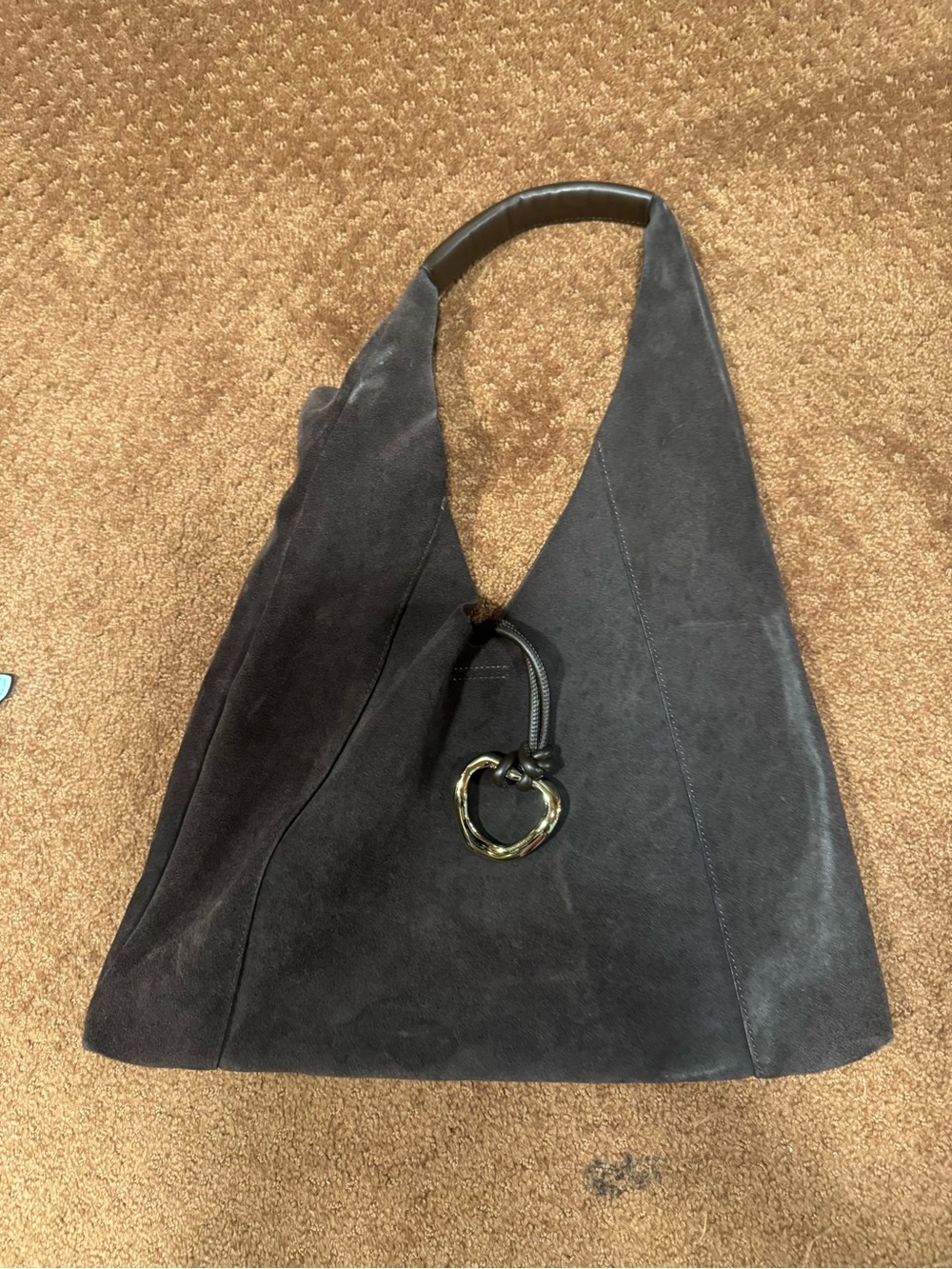 All Saints Black Suede Shoulder Hobo with Gold Ring Accent